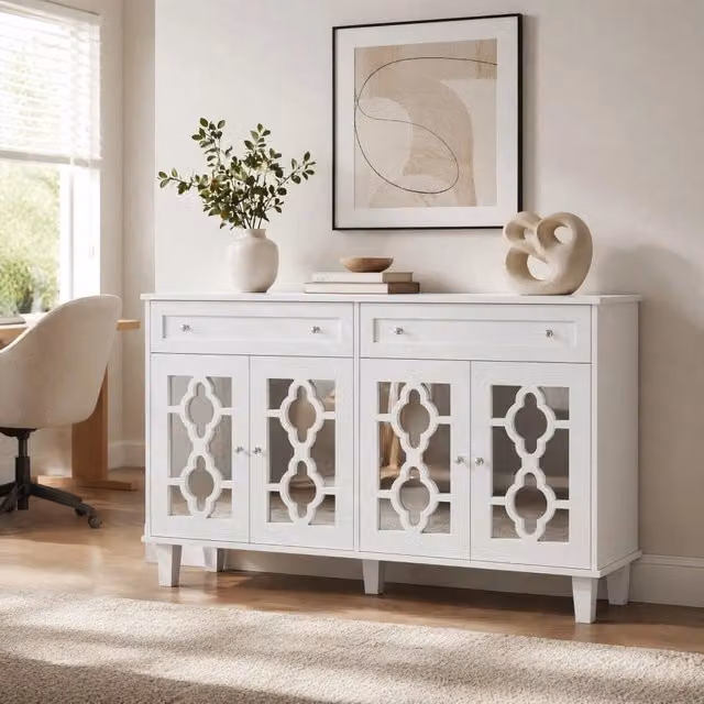 Sideboard in MDF bianco con quattro ante a specchio, ripiani regolabili e due ampi cassetti