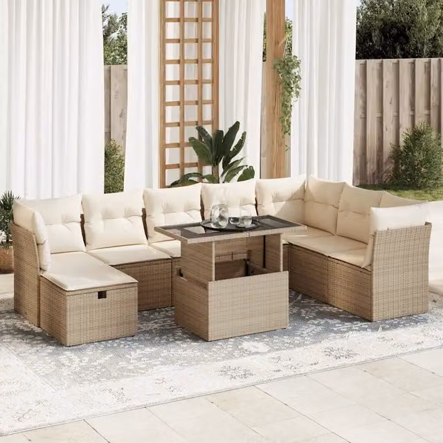Set Divano da Giardino vidaXL in Polyrattan 9 Pezzi con Cuscini Beige e Tavolino da Esterno – 1