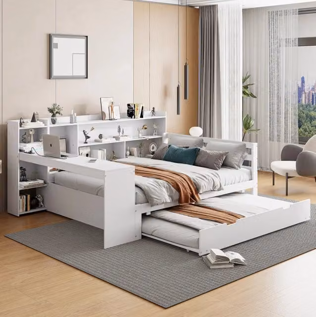 Letto multifunzione MODFU in legno bianco con scrivania, ripiani, prese USB e letto estraibile L/P: 140 x 200 cm – 1