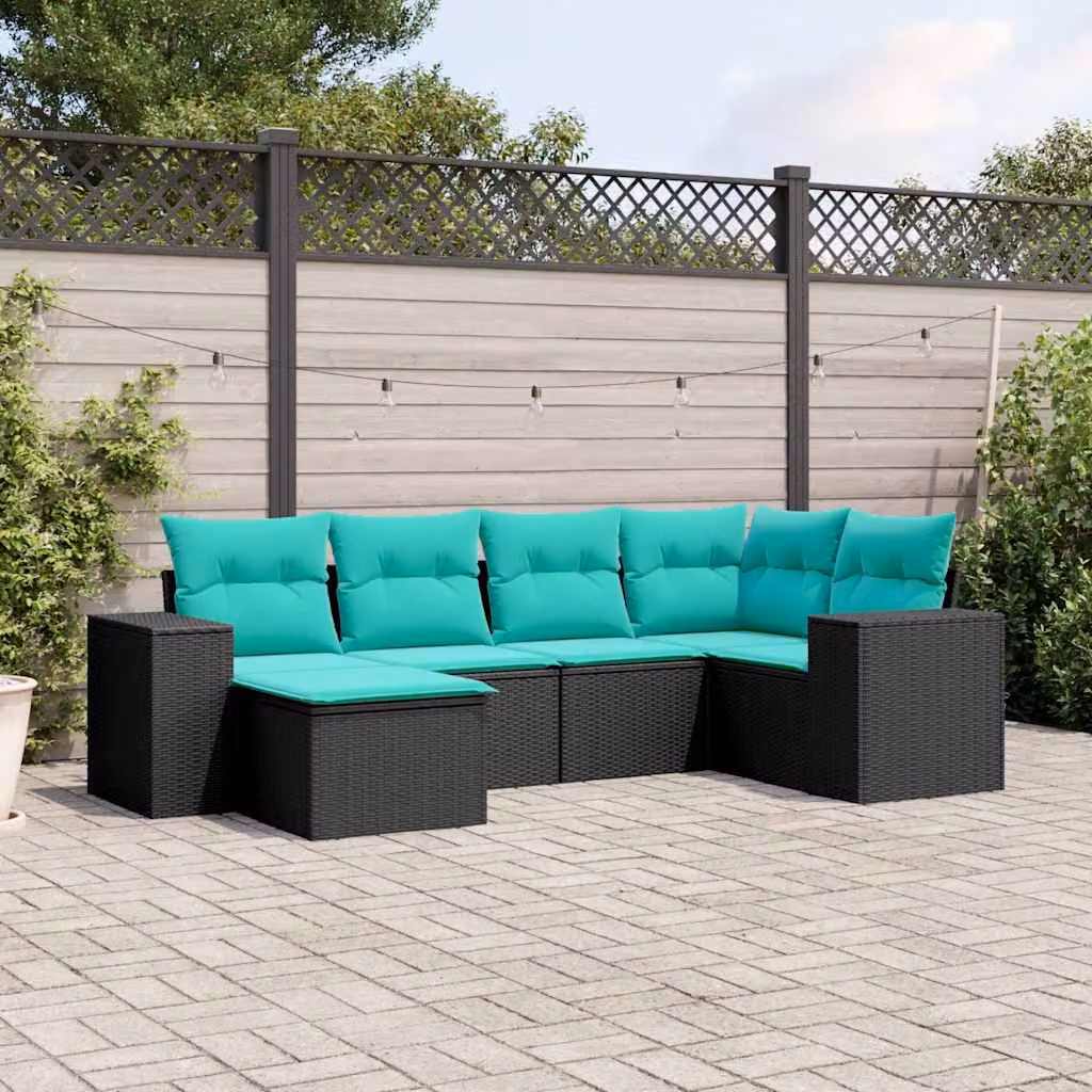 Set di divani da giardino vidaXL in polyrattan nero con 6 pezzi e cuscini inclusi