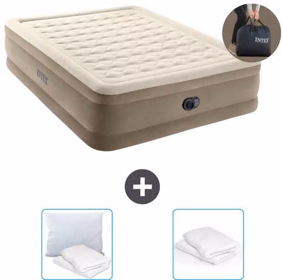 Materasso gonfiabile - Letto matrimoniale - 152 x 203 x 46 cm - Beige - Con pompa - Cuscino e federa