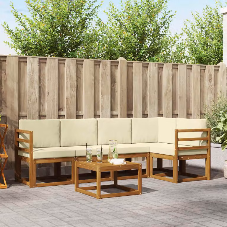 Set di divani da esterno vidaXL a forma di L in legno di acacia con tavolo da caffè, 6 pezzi, Beige, Bianco e Marrone