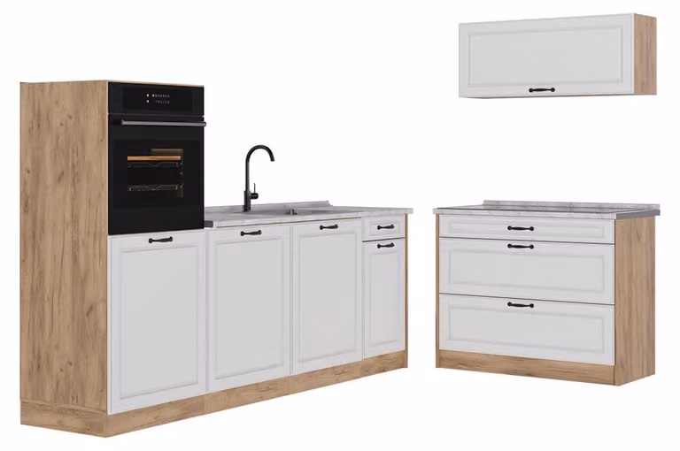 Cucina componibile Vicco R-Line Bianco country/Rovere dorato 220 cm piano di lavoro Marmo, Model 68132