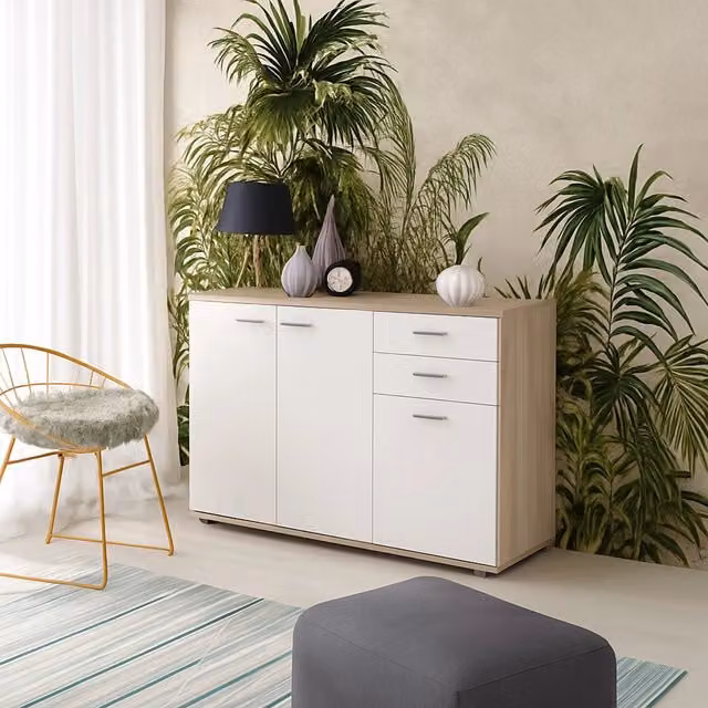 Madia Meldola DMORA, Credenza moderna con 2 cassetti in legno e metallo, Marrone e Bianco, L: 103 cm, P: 34 cm, H: 74 cm