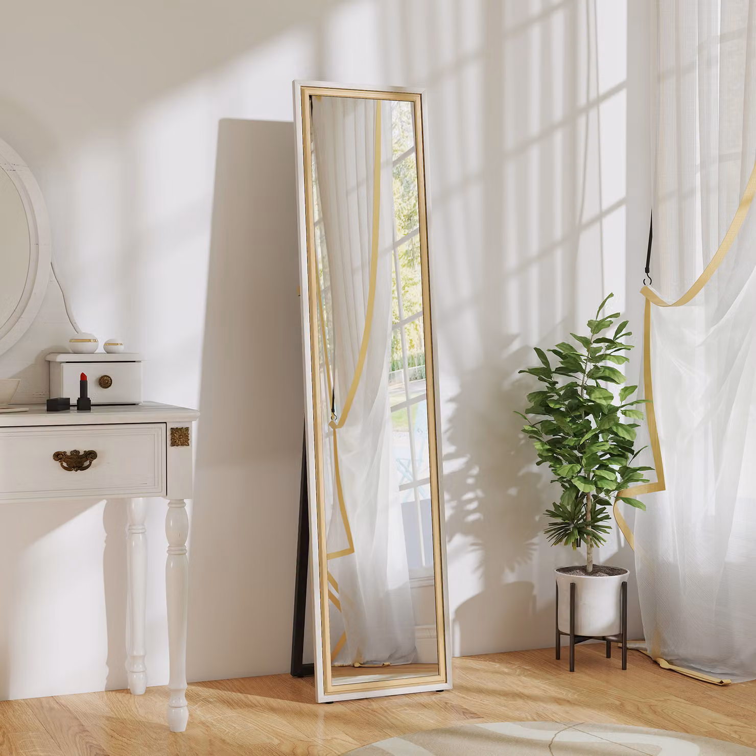 Specchio a figura intera HOMCOM con cornice in legno e vetro, bianco e legno naturale, H: 157 cm, L: 37 cm – 2