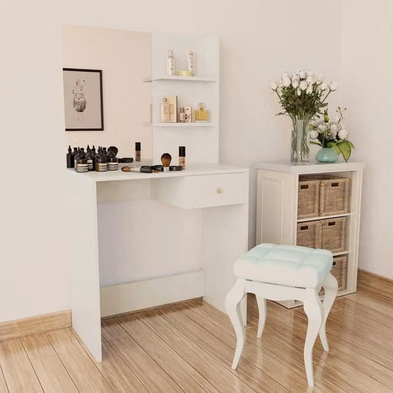 Comò da trucco moderno in legno, 75x40x141 cm, bianco