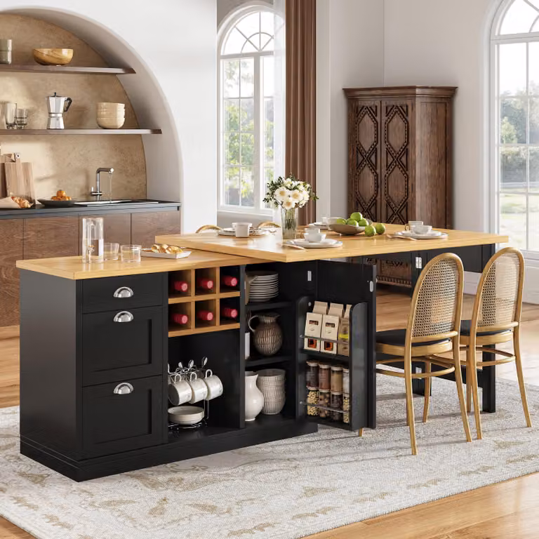 Tavolo bar multifunzionale con spazio contenitivo, isola da cucina estendibile con scaffale per vino, maniglie in metallo, tavolo da cucina pieghevole rotante a 360°, colore nero