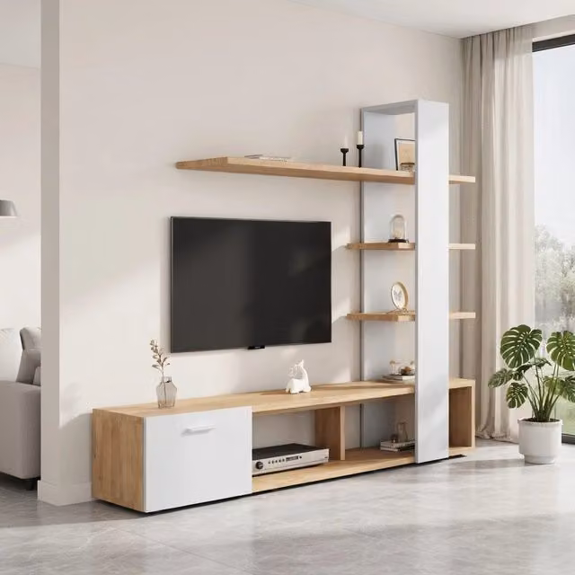 Cassettiera per TV KOMHTOM moderna in bianco e legno per soggiorno L: 180 cm, P: 33,5 cm, H: 151,5 cm
