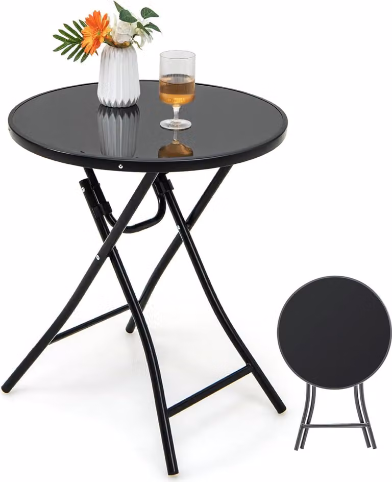 KOMFOTTEU Tavolo da giardino pieghevole, tavolino rotondo Ø 59 cm, tavolo da esterno con piano in vetro temperato, nero