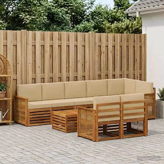 Set di divani da esterno a L vidaXL composto da 8 pezzi in legno di acacia con cuscini beige e tavolo da caffè, colore marrone e beige – 1
