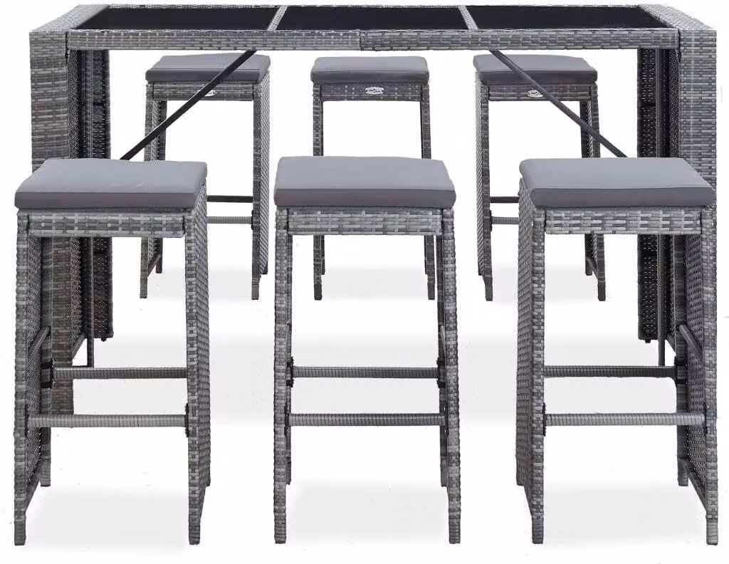 Set da Bar da Giardino 7 pz con Cuscini in Polyrattan Grigio
