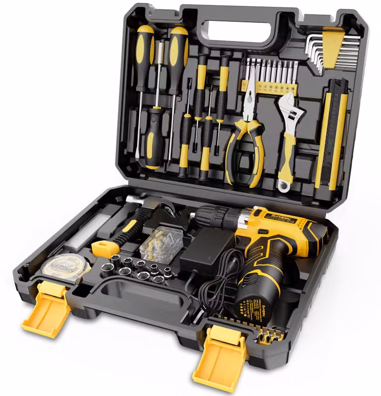 Cassetta degli attrezzi completa, 166 pezzi - Avvitatore a batteria da 12 V - Utensili manuali Acciaio al carbonio - Colore giallo