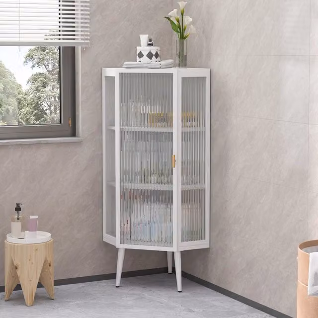 Armadio angolare 56x42.5x110 cm a 3 livelli in metallo e vetro temperato bianco