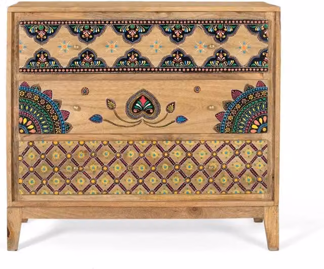 Cassettiera etnica in legno di mango con dettagli floreali multicolore Giner Y Colomer – 1