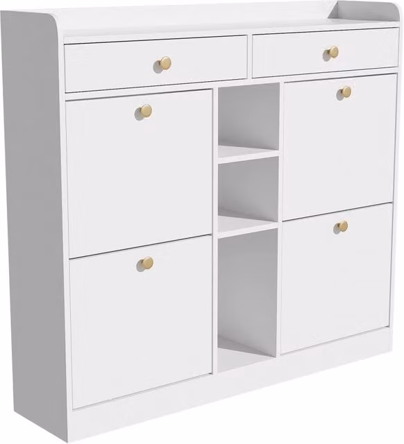 Scarpiera per ingresso bianca con 4 ante a ribalta, 2 cassetti e 3 vani aperti, L: 110 cm, P: 26 cm, H: 100 cm
