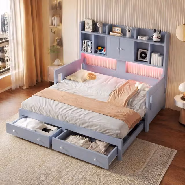 Letto estraibile in legno grigio con cassetti vani contenitore presa integrata e illuminazione LED