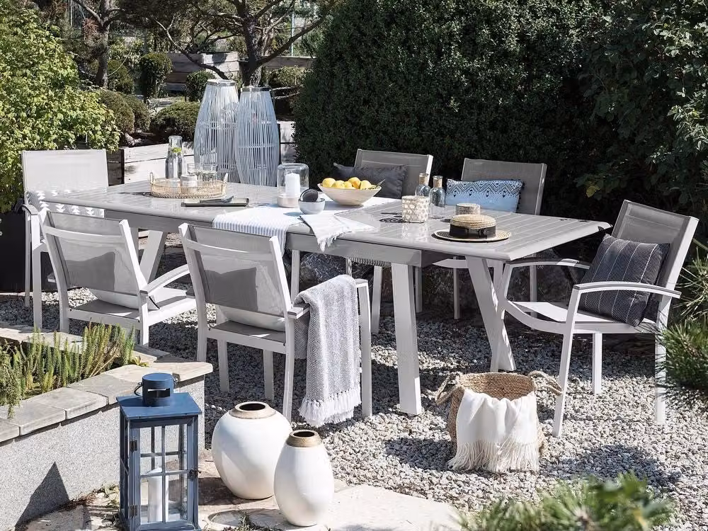 Tavolo da pranzo rettangolare allungabile Beliani in alluminio verniciato a polvere grigio e bianco resistente ai raggi UV – 2