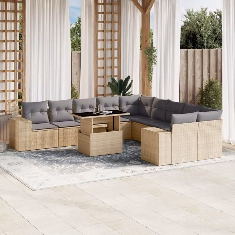vidaXL Set Divani da Giardino 11 pz con Cuscini Beige e Grigio in Polyrattan e Acciaio