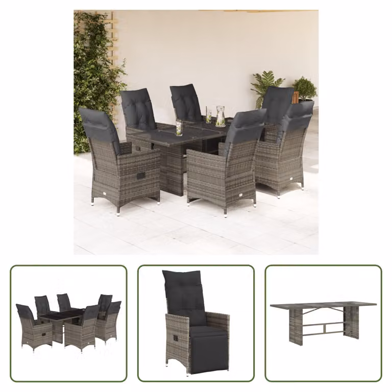 The Living Store Set bistrot da giardino 7 pezzi con cuscini in poly rattan grigio