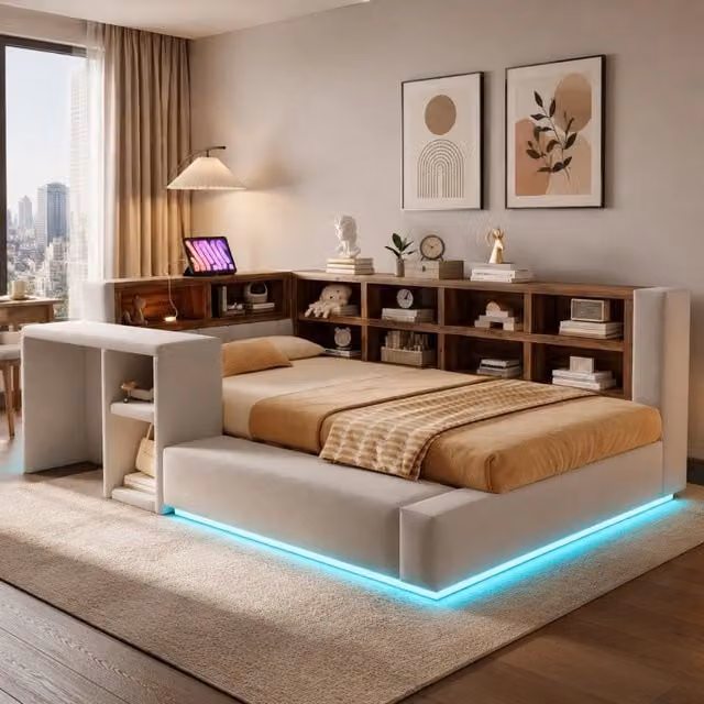 Letto imbottito 90x200 cm con contenitore; LED; prese integrate e comodino; grigio chiaro