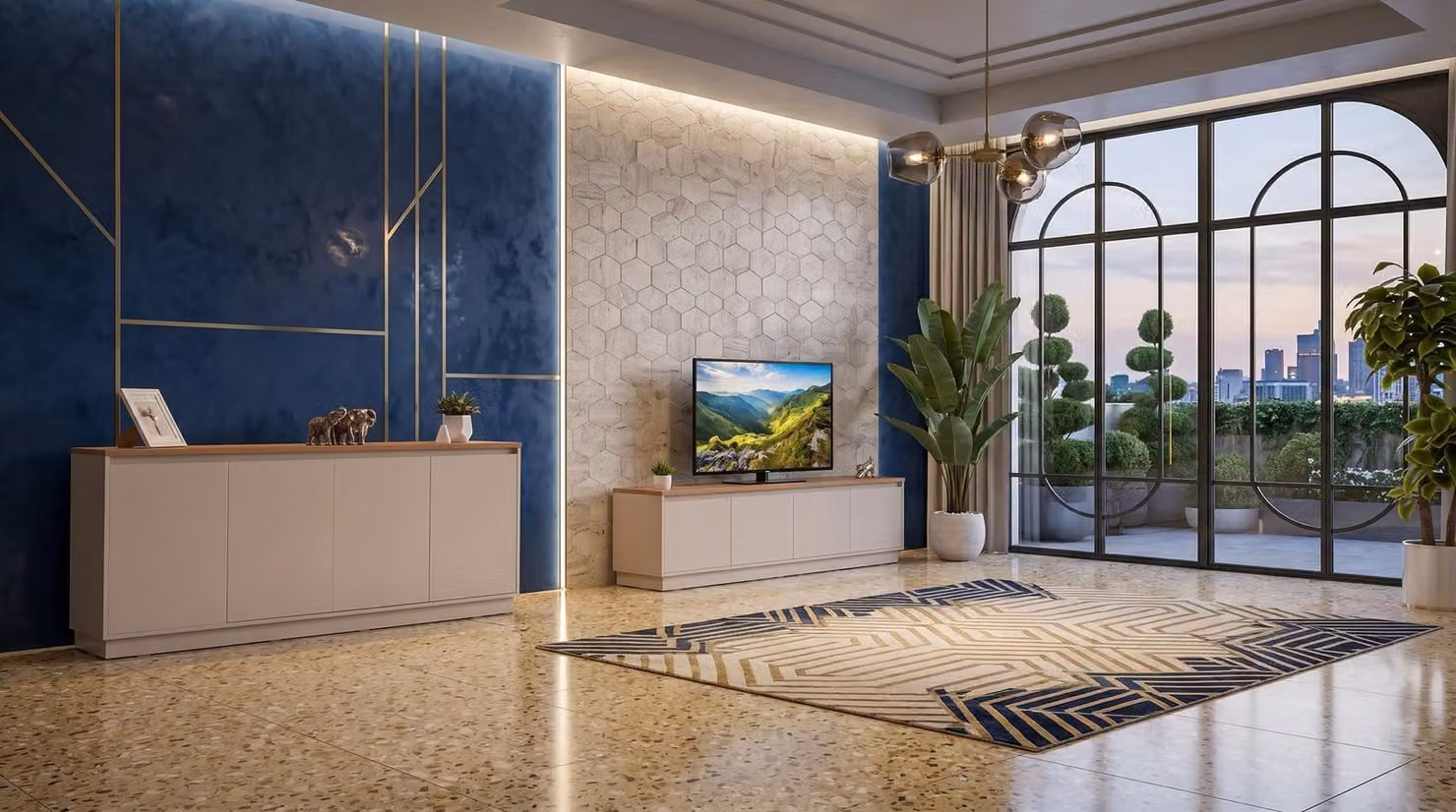 Set per soggiorno color beige, composto da un elegante mobile TV, una consolle e altri elementi d'arredo moderni