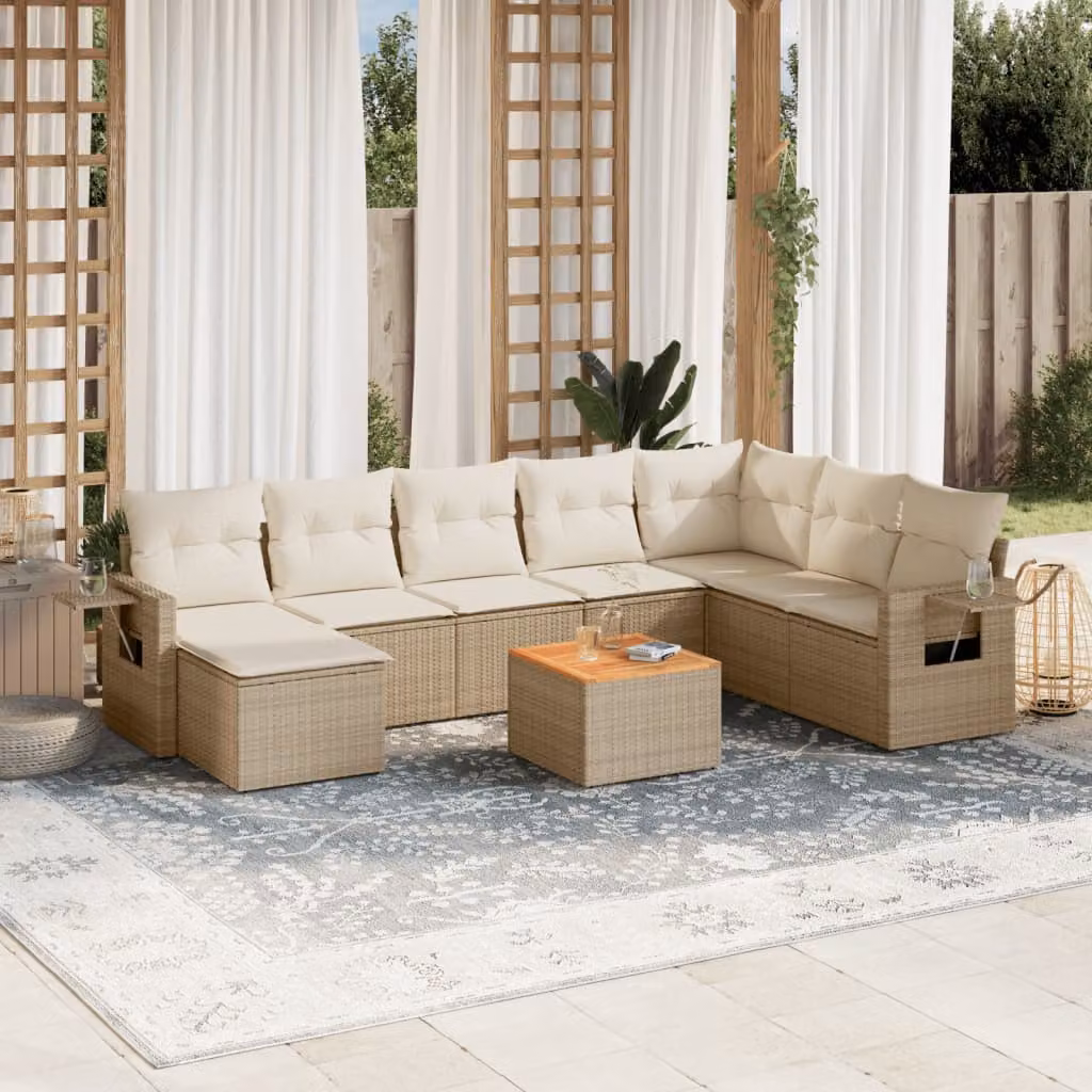 vidaXL Set Divano da Giardino 9 pz a Forma di L in Polyrattan con Cuscini Beige e Tavolino da Esterno – 1