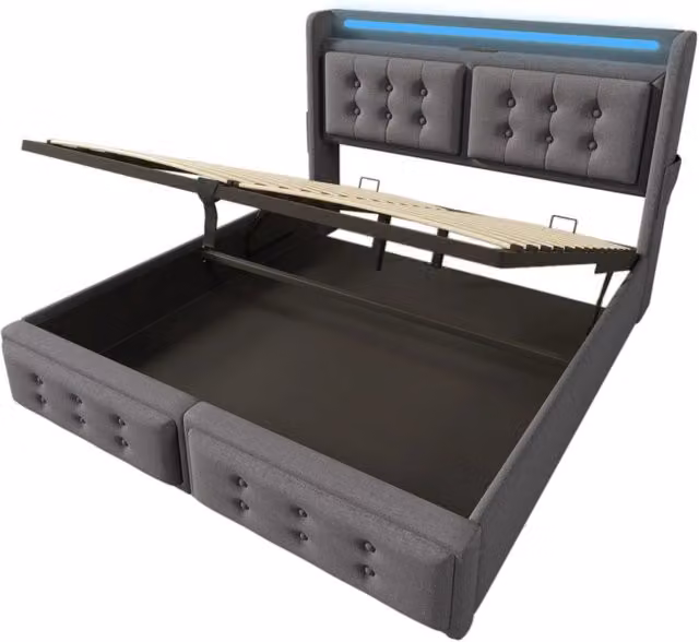 Letto imbottito 140x200 cm con testiera in pelle e funzione di ricarica USB-C, struttura in legno e metallo con doghe, capacità 300 kg, colore grigio