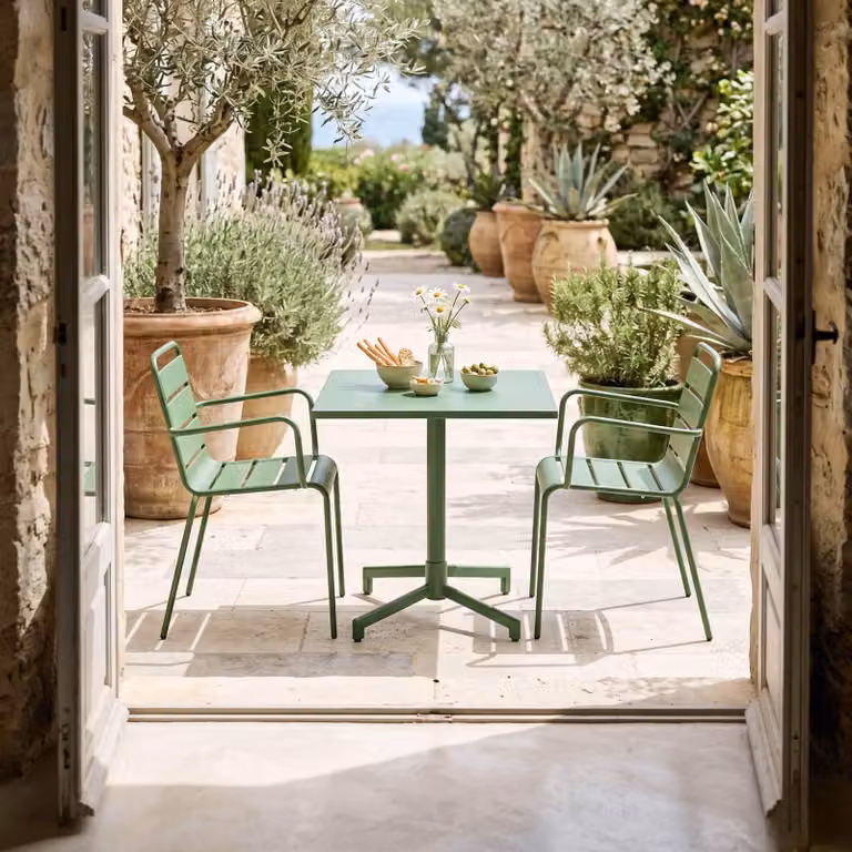 Set di tavolo da 70 cm e 2 sedie da giardino in metallo verde cactus - Oviala Palavas