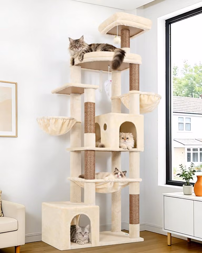 Albero per gatti beige XXL, altezza 193 cm, con 2 grandi rifugi per gatti, amaca extra grande, ideale per gatti di grossa taglia