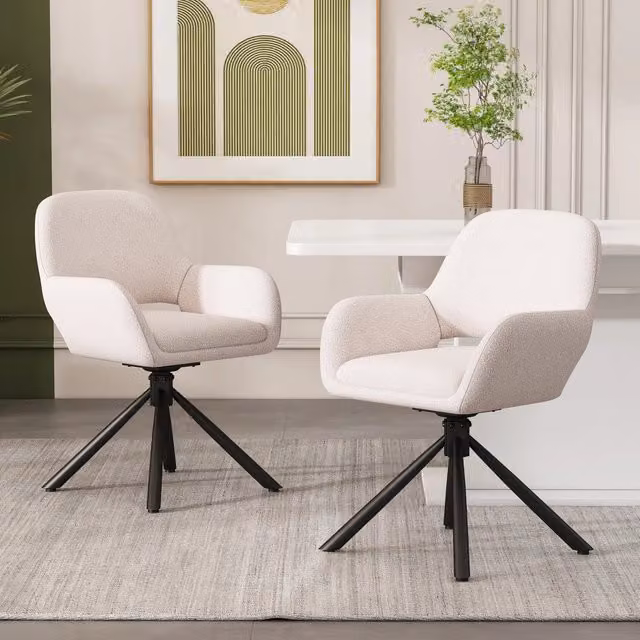 Set di 2 sedie da pranzo girevoli con braccioli in Sherpa bianco e metallo