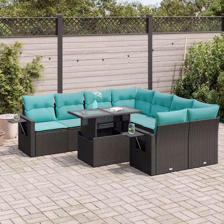 Set di divani da giardino vidaXL 9 pezzi in polyrattan con cuscini, forma a U, colore nero e dettagli in legno di acacia