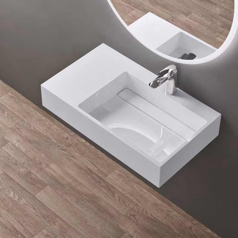 doporro Lavabo Bagno Sospeso Lavabo da Appoggio Rettangolare in Marmo Resina Bianco Lucido, Vasca a Destra 75x43x14 cm con 1 Foro Rubinetto e Piletta Scarico, Colossum12