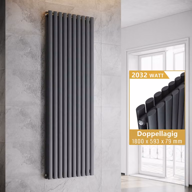 SONNI Radiatore a piastre verticali, radiatore a tubi a doppia parete, colore antracite, dimensioni 1800x593 mm, senza resistenza riscaldante