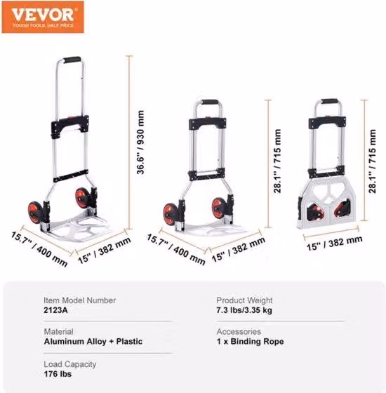 Carrello a mano con portata di 80 kg, ripiegabile e pieghevole, in metallo