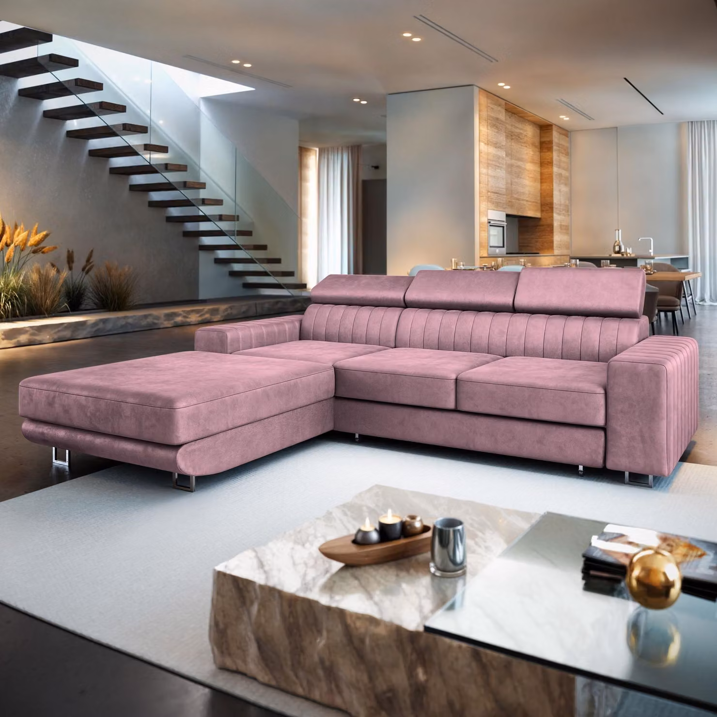 Divano angolare Masseno NOTO L-S con funzione letto a L, divano con box letto, divano da soggiorno, divano, divano letto, set di divani - viola, MONOLITH 62