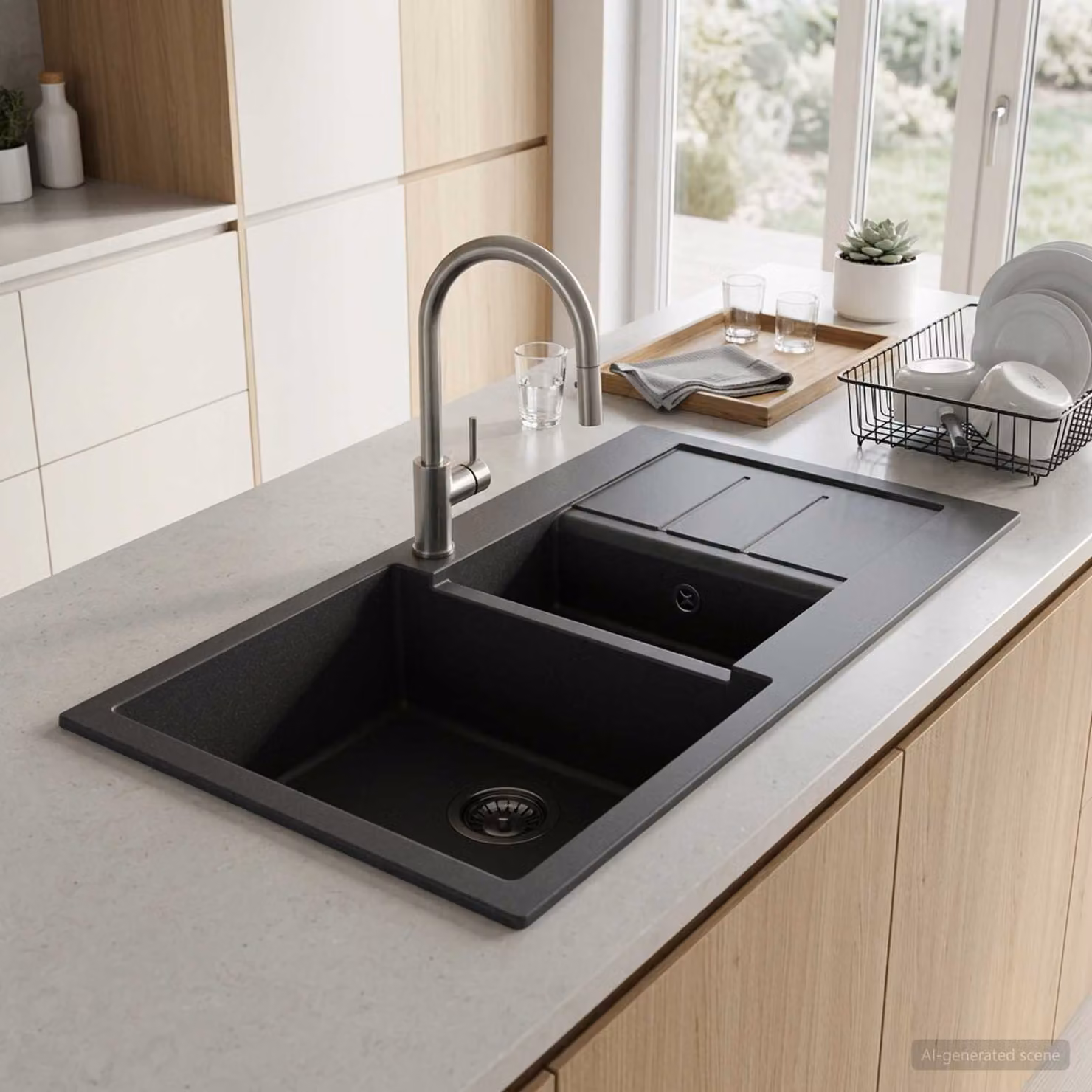 Lavello da cucina a doppia vasca vidaXL in granito, disponibile nei colori grigio o nero, L 80 cm x P 50 cm x H 30,5 cm