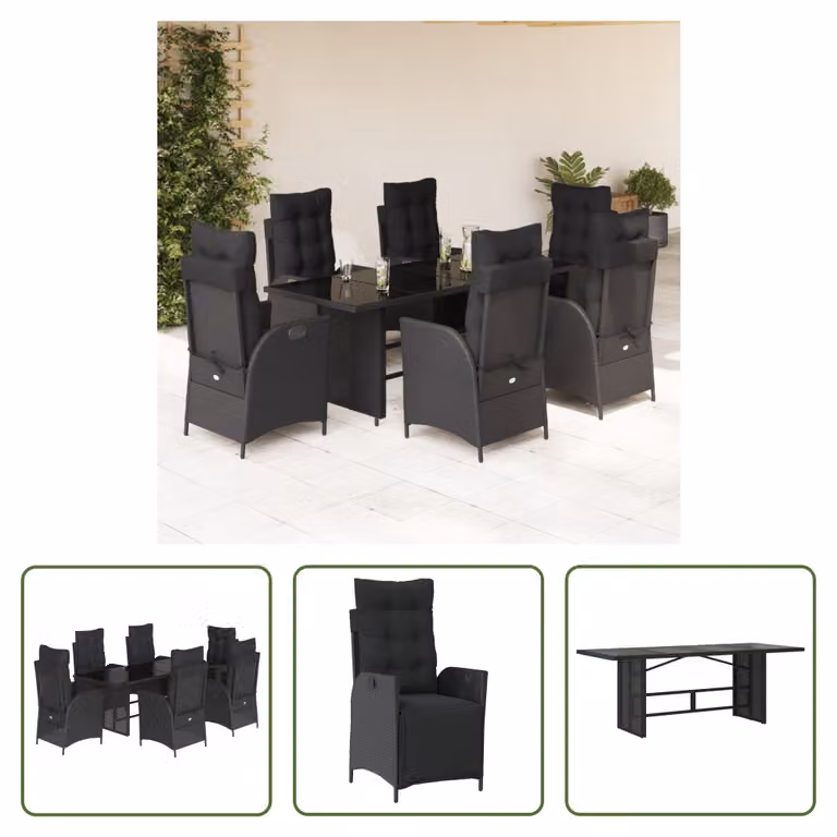 The Living Store Set da pranzo da giardino 7 pezzi con cuscini in polirattan nero