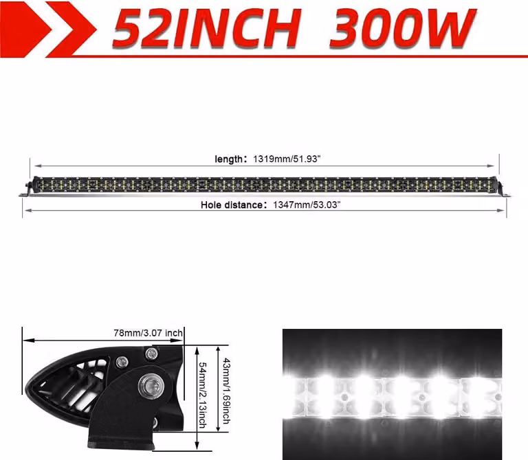 Striscia luminosa offroad a LED, doppia fila, temperatura colore 6000K-6500K, protezione IP68, 52 pollici senza cavo