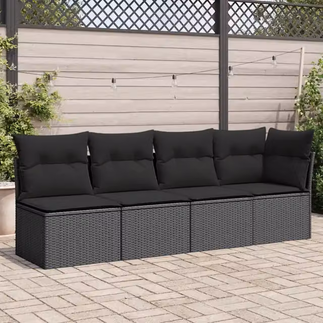 Divano da giardino con cuscini 4 Posti-Sofa da Giardino-Divano da esterno nero in polyrattan 755920