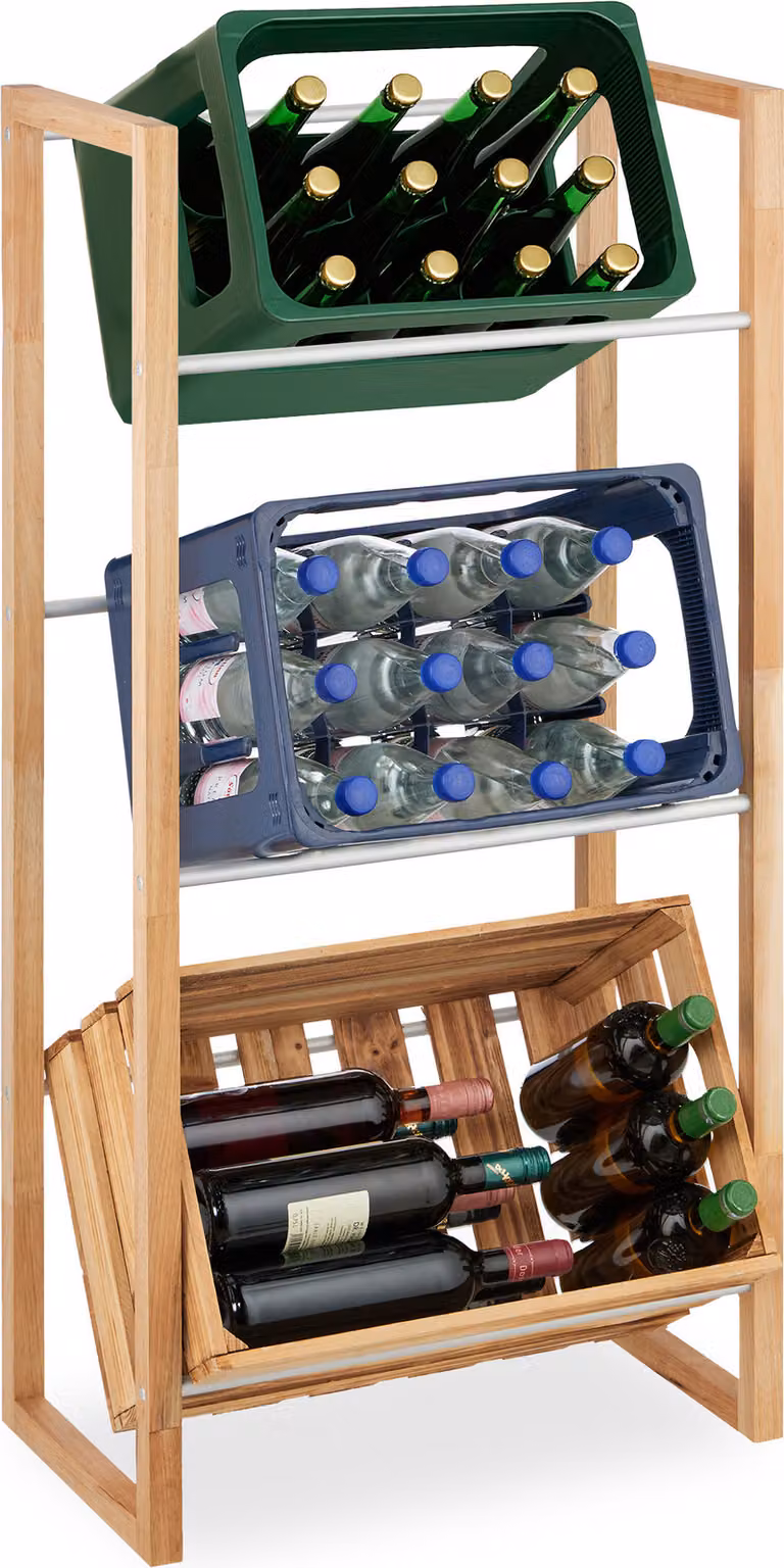 Scaffale per casse di bevande Relaxdays, A x L x P: 112 x 58 x 32 cm, porta-casse per 3 casse, legno e ferro, naturale/argento