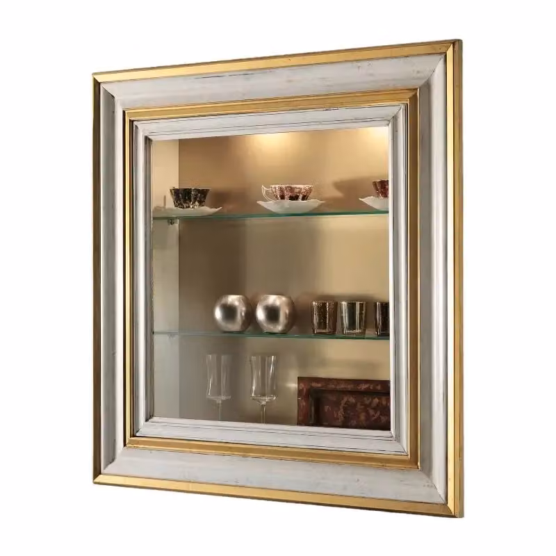 Pensile bacheca shabby chic Mobili 2G con ante in vetro e illuminazione integrata, bianco e oro, L: 90 cm, P: 19 cm, H: 90 cm – 2