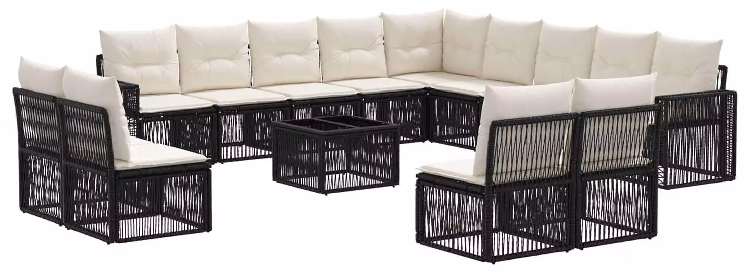Set Divano da Giardino 14 pcs Nero e Bianco Crema polyrattan