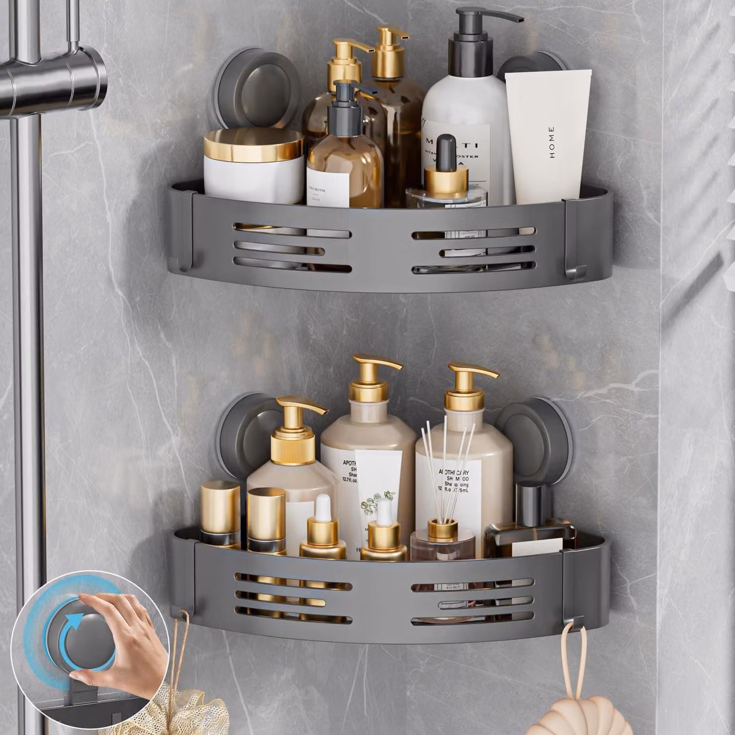 Portaoggetti angolare per doccia, set da 2 pezzi, senza foratura, con ventose e ganci, colore grigio gunmetal