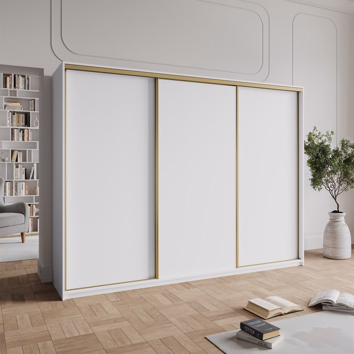 Armadio a porte scorrevoli Masseno NISSE 270/205/60 cm, armadio con cassetti, armadio da camera da letto a 3 ante, bianco + oro