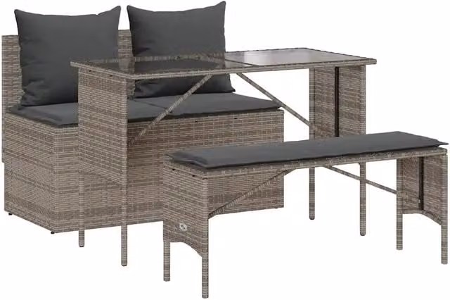Set da Pranzo da Giardino 3 pz in Polyrattan Grigio con Piano in Vetro e Design Moderno