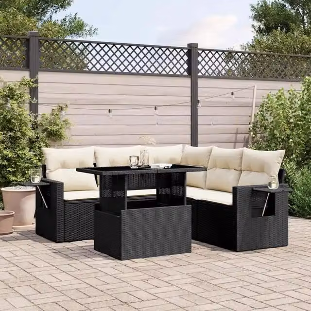 Set Divano da Giardino 6 pz con Cuscini Nero in Polyrattan 3267896