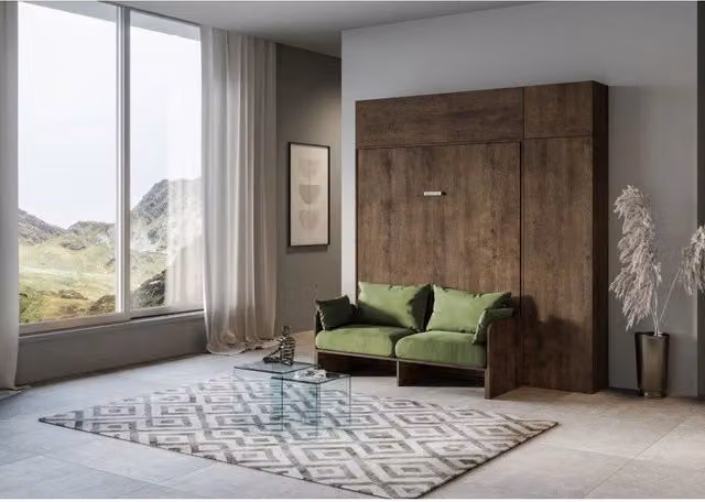 Letto matrimoniale a scomparsa Kentaro Itamoby con divano e mobili, Verde e Noce
