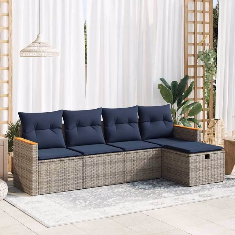 Set Divano da Giardino a L vidaXL 5 pz con Cuscini Grigio e Blu in Polyrattan e Metallo