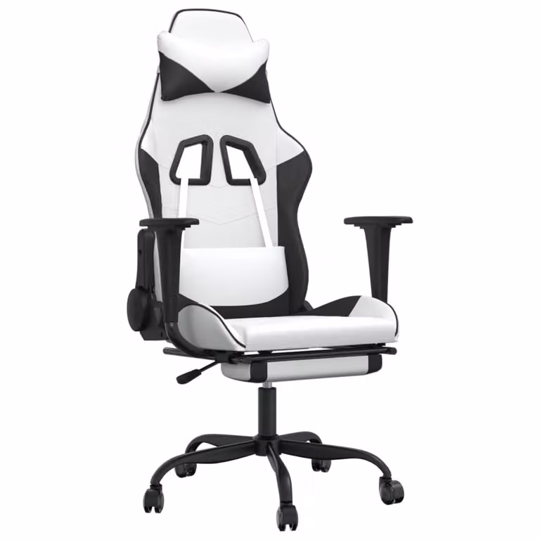 Sedia da Gaming con Poggiapiedi Bianco e Nero in Pelle finta