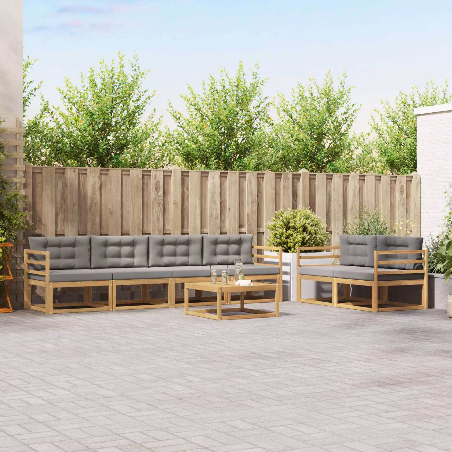 vidaXL Set di divani da esterno a L composto da 6 pezzi in legno di acacia con cuscini Bianco e Grigio